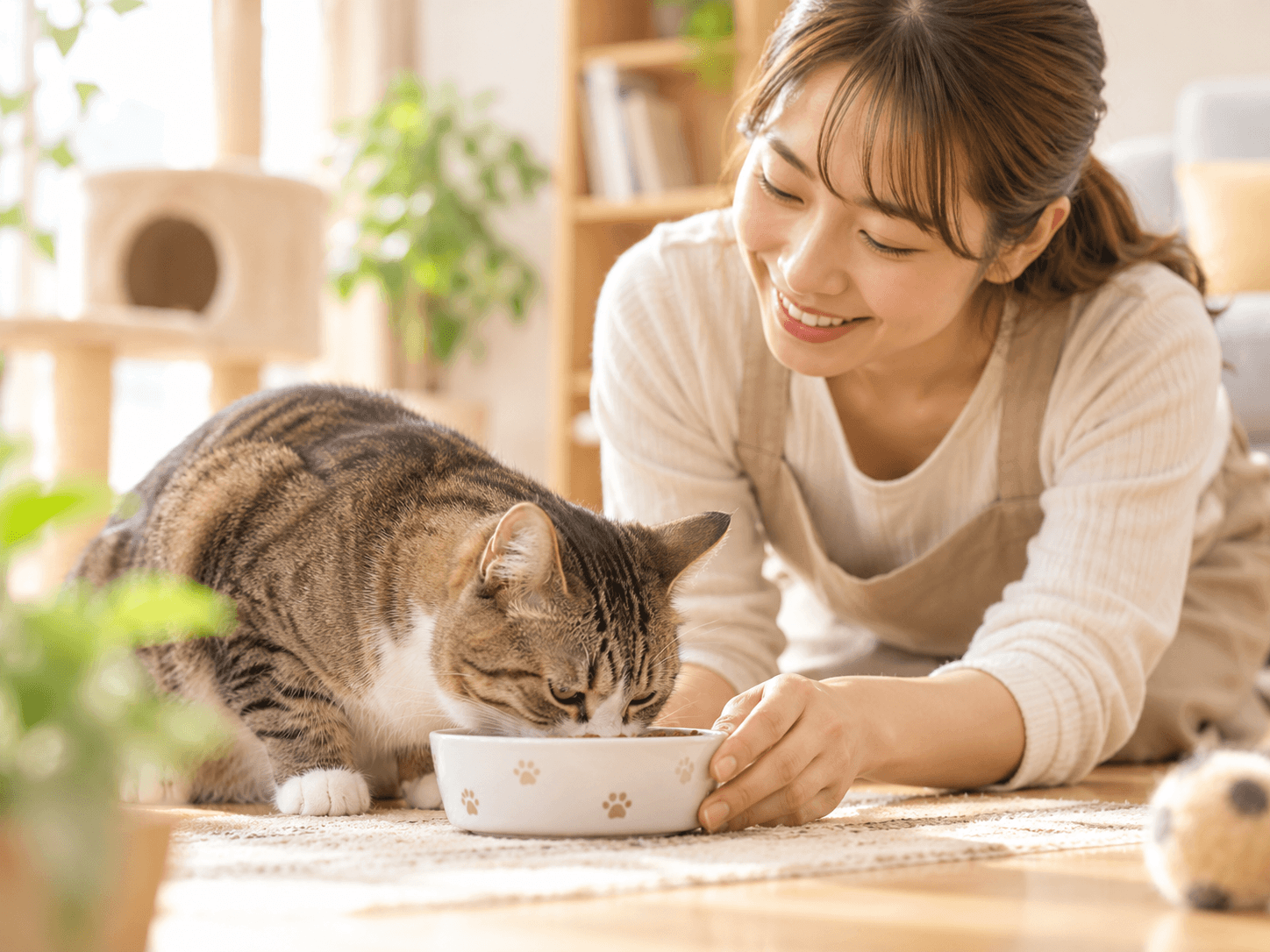 猫にごはんをあげる女性シッター