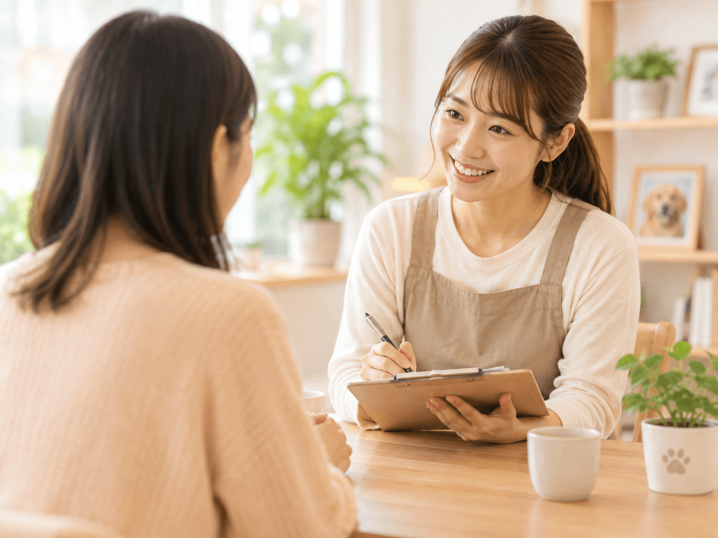 飼い主と丁寧に打ち合わせをする女性シッター