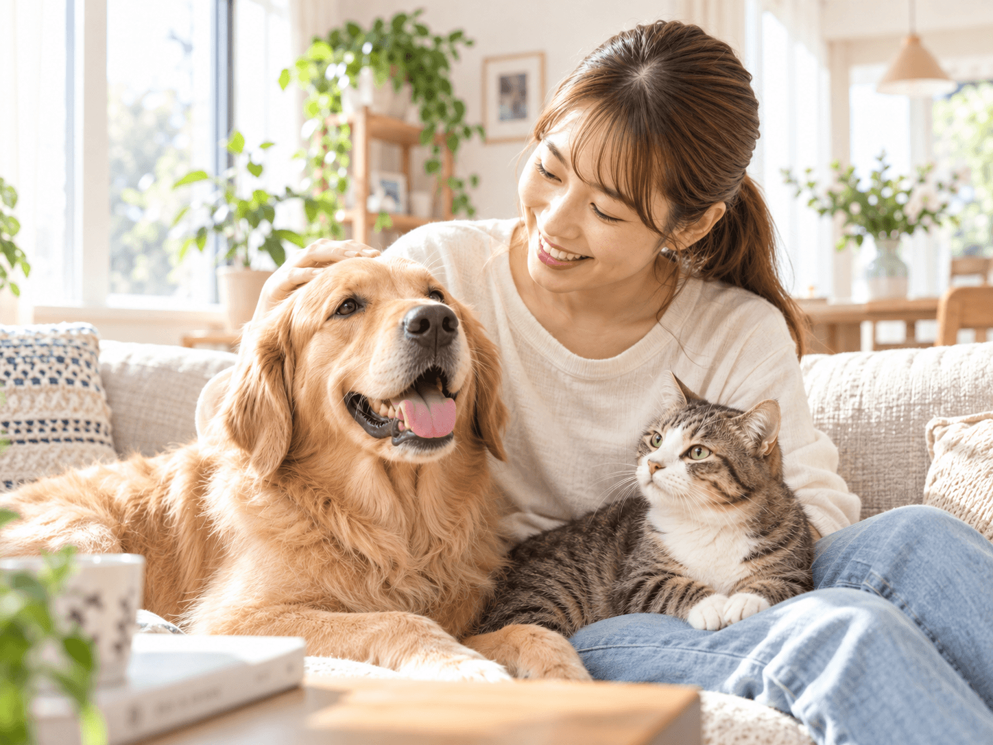 犬と猫に寄り添う女性ペットシッター