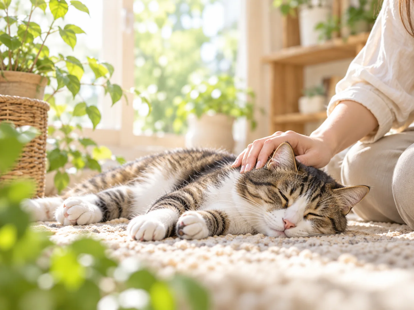 住み慣れた部屋でくつろぐ猫とシッターの手