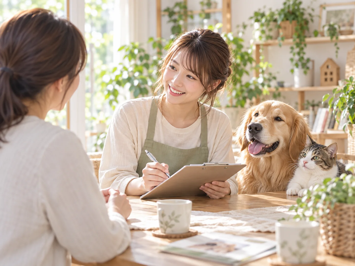 飼い主と笑顔で打ち合わせをするペットシッター