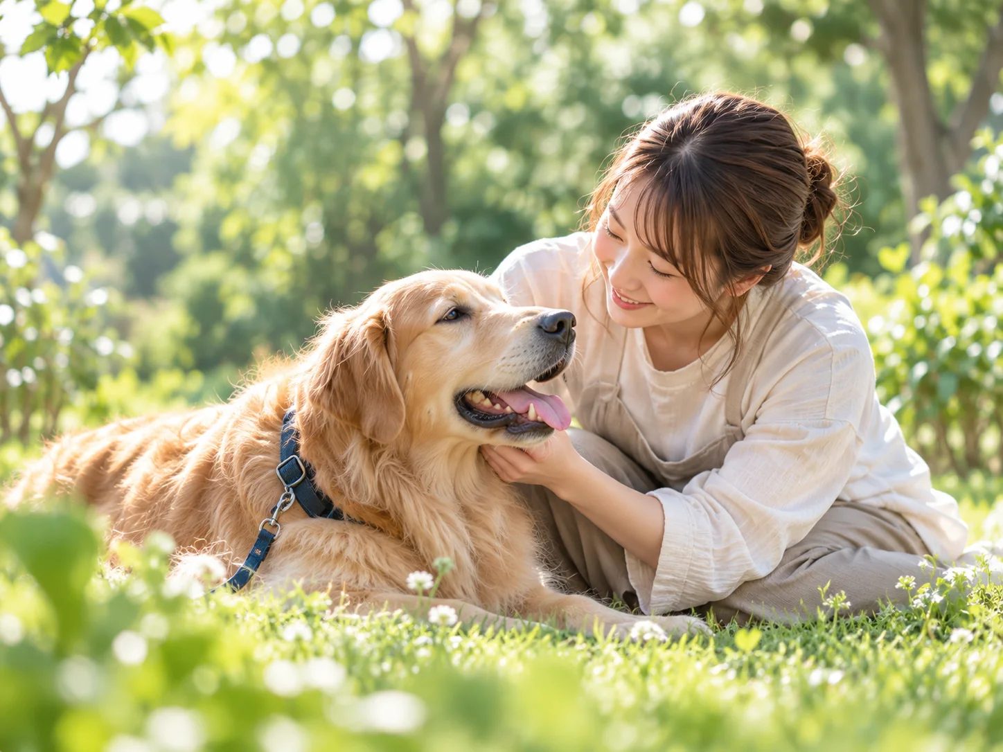 庭で犬にやさしく触れるペットシッター