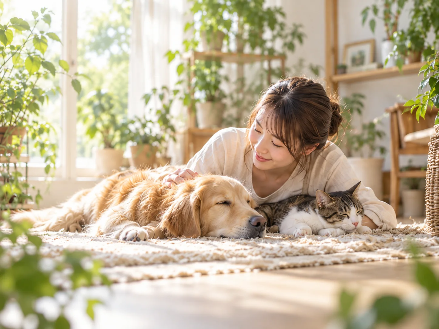 明るいお部屋で犬と猫に寄り添うペットシッター