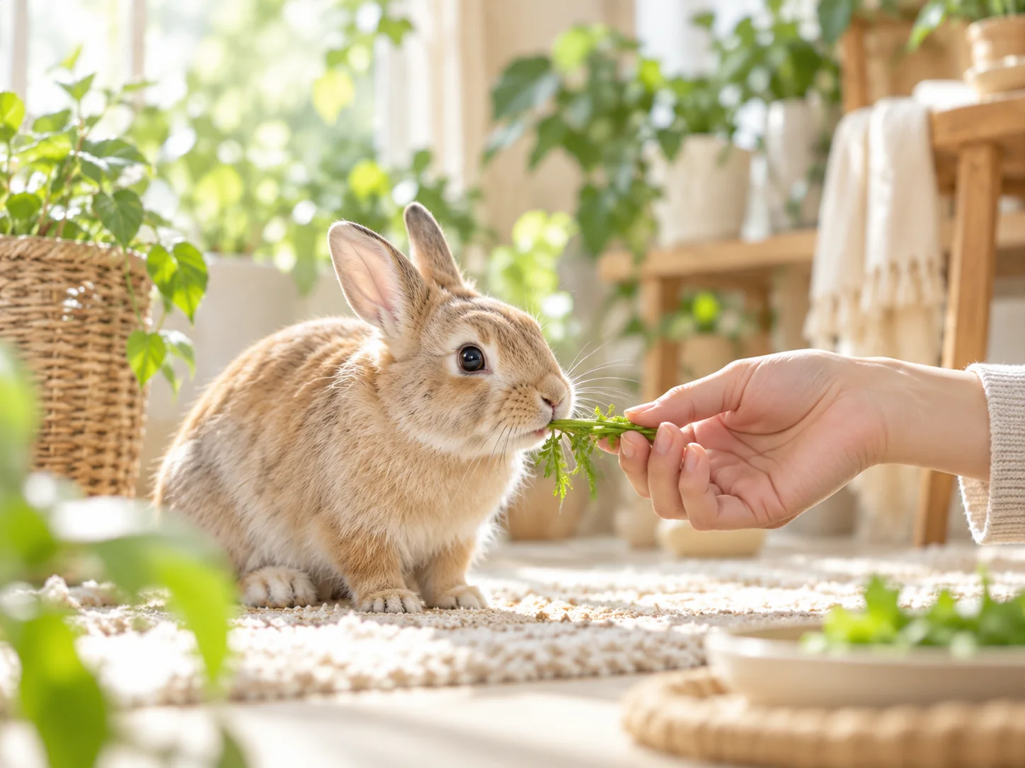 室内で手から葉を食べるうさぎ