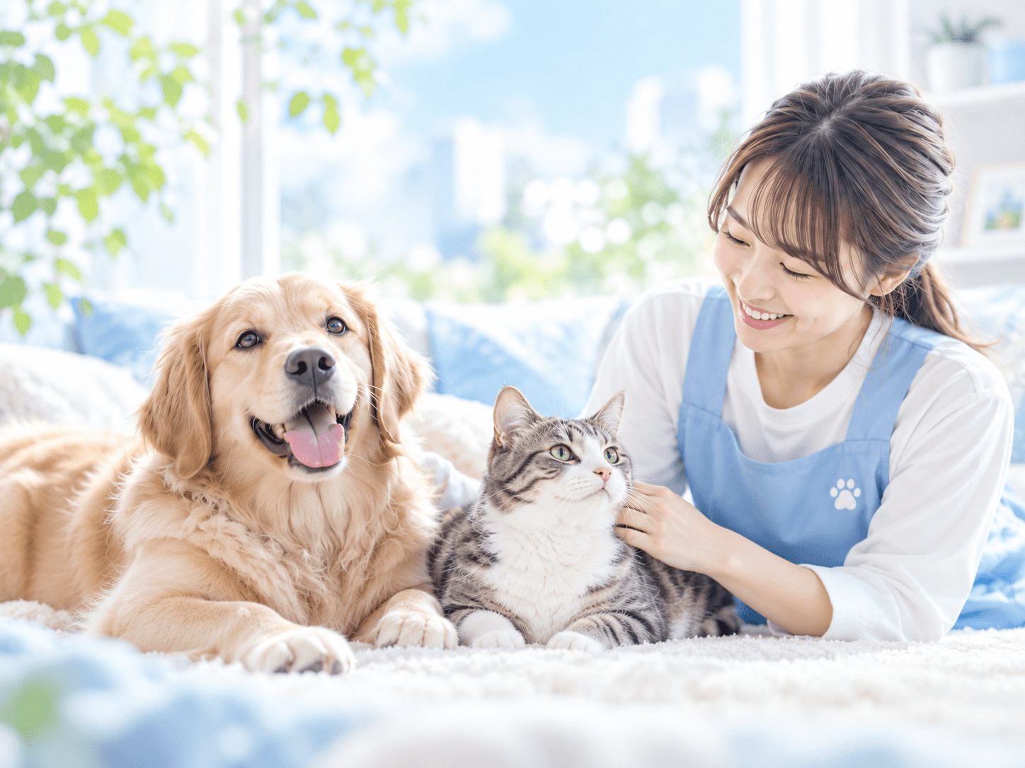 明るい部屋で犬と猫に寄り添う女性ペットシッター