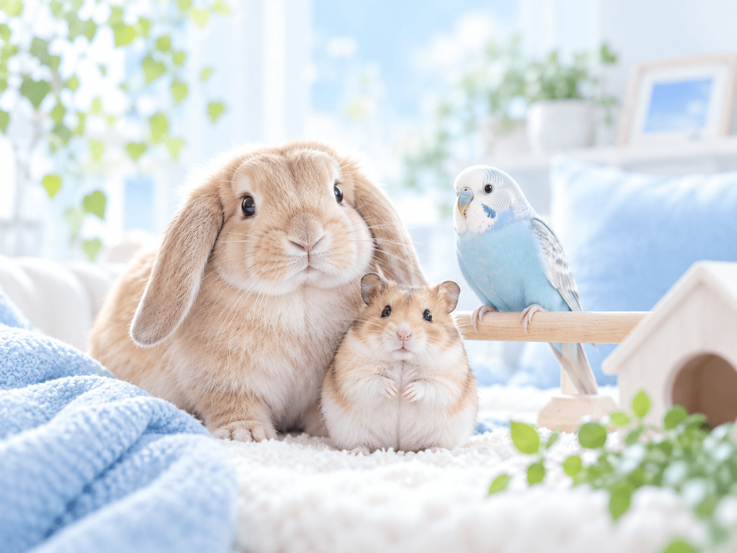 明るい室内で過ごすうさぎ、ハムスター、小鳥