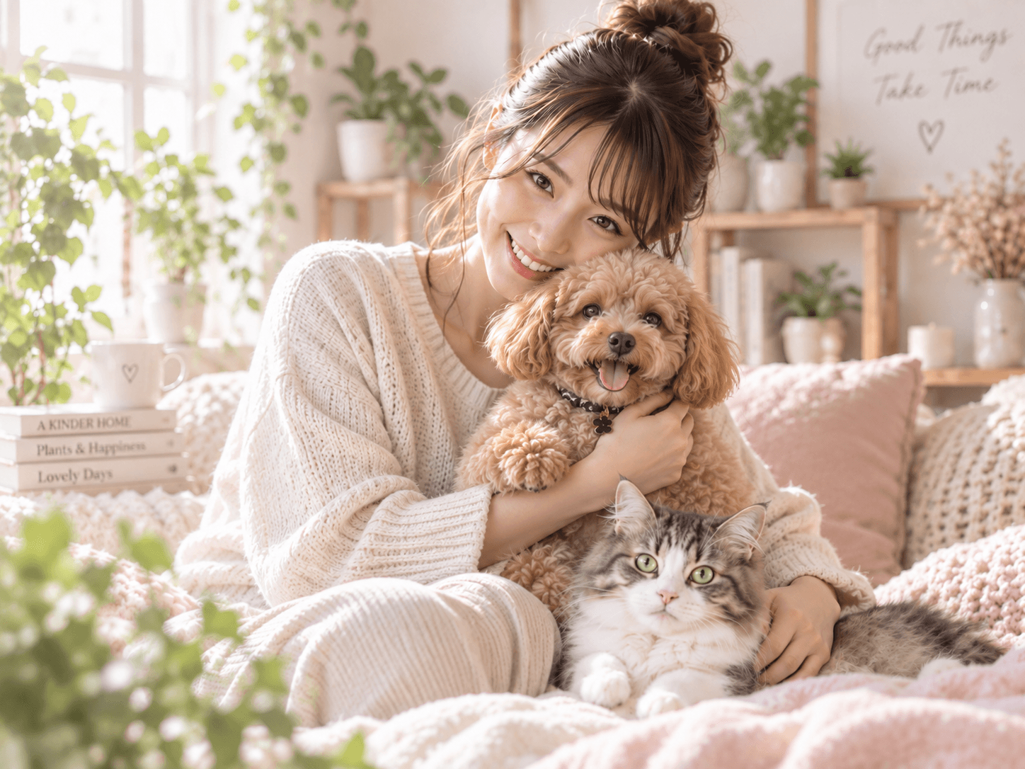犬と猫をやさしく抱く女性ペットシッター
