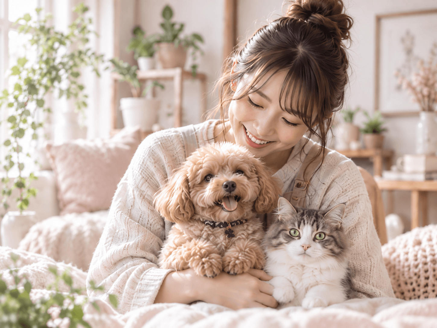 くつろぐ犬と猫に寄り添うシッター