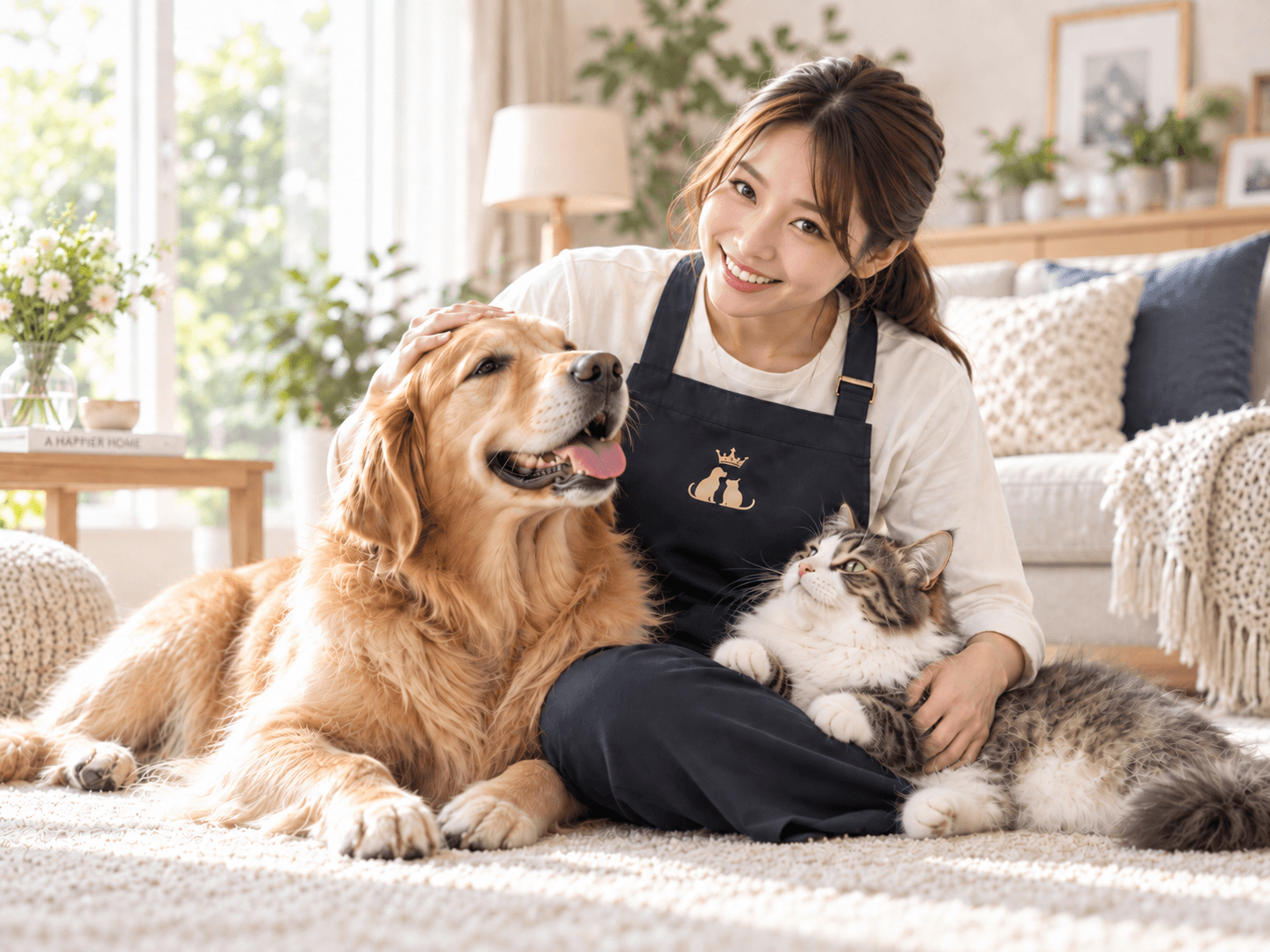 明るい室内でゴールデンレトリバーと猫に寄り添う女性ペットシッター