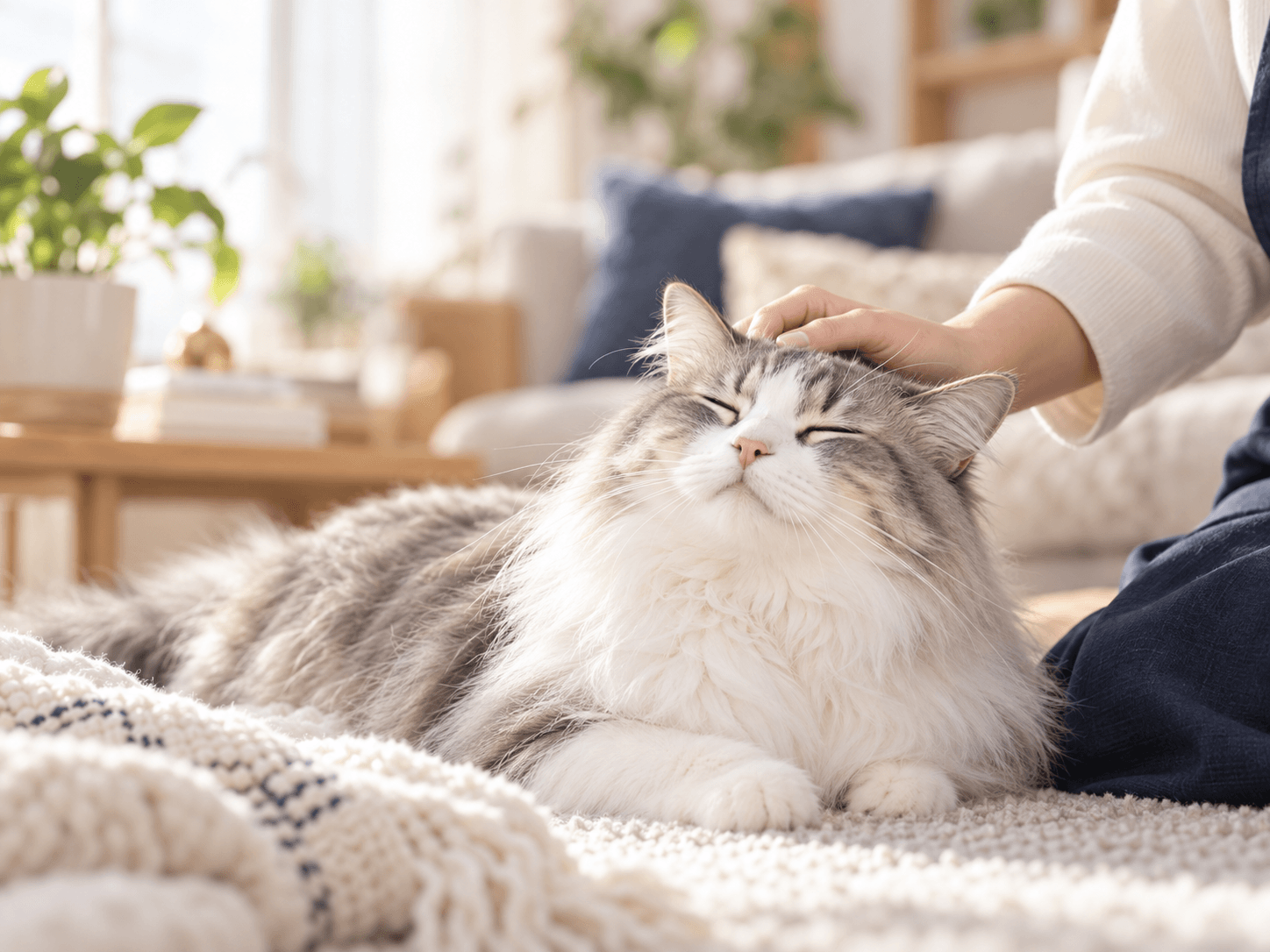 自宅で女性にやさしく撫でられる長毛の猫