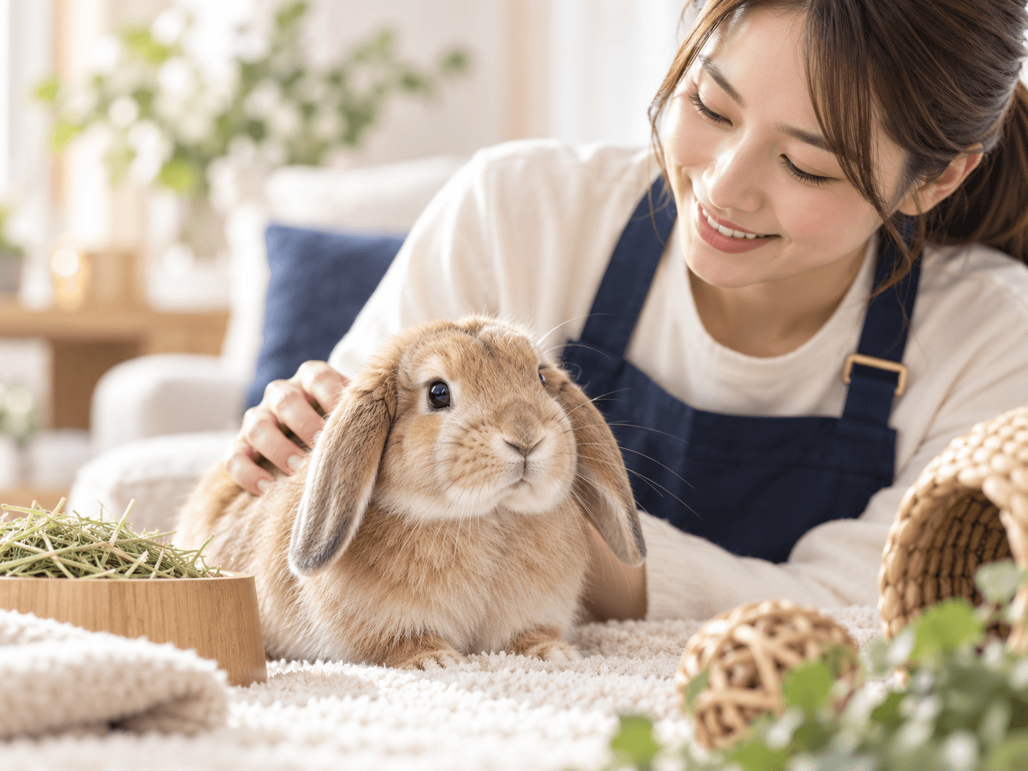 室内で女性ペットシッターに撫でられるうさぎ